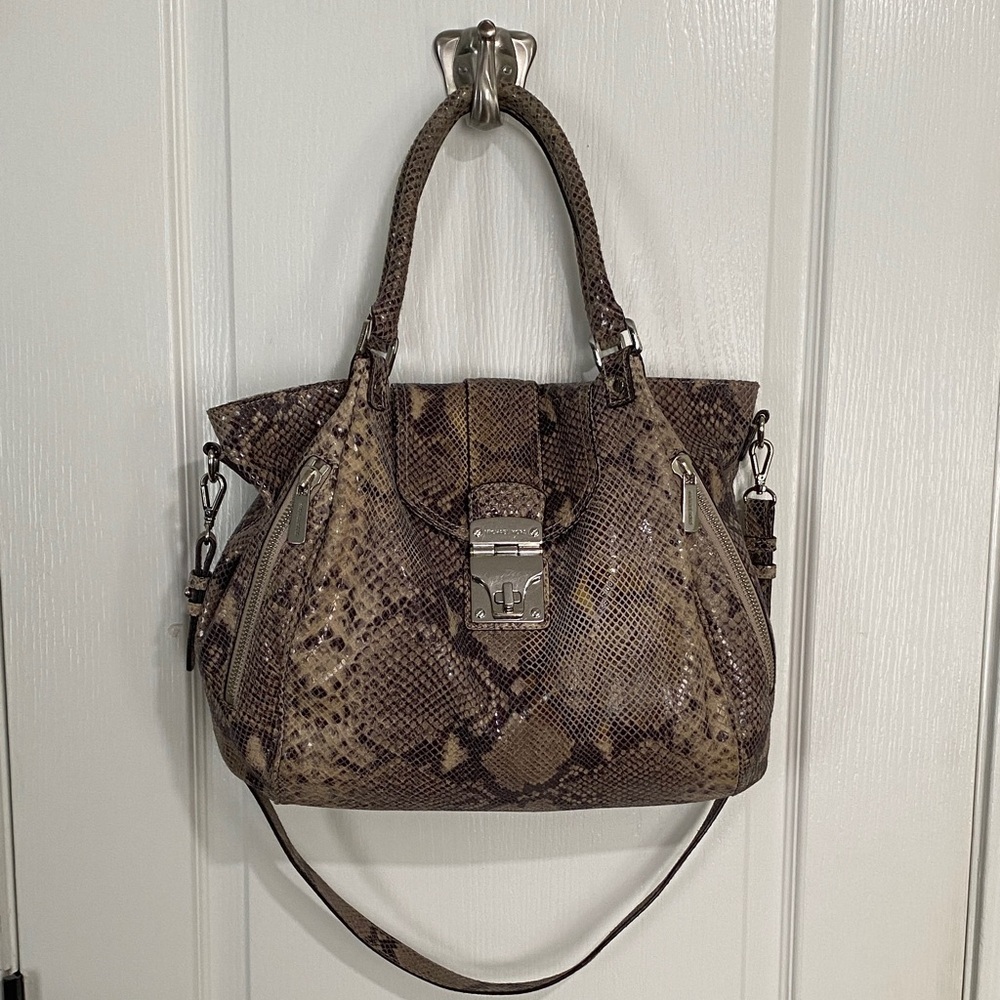 MICHAEL Michael Kors Brown Snakeskin-Print Satchel - Picture 2 of 16